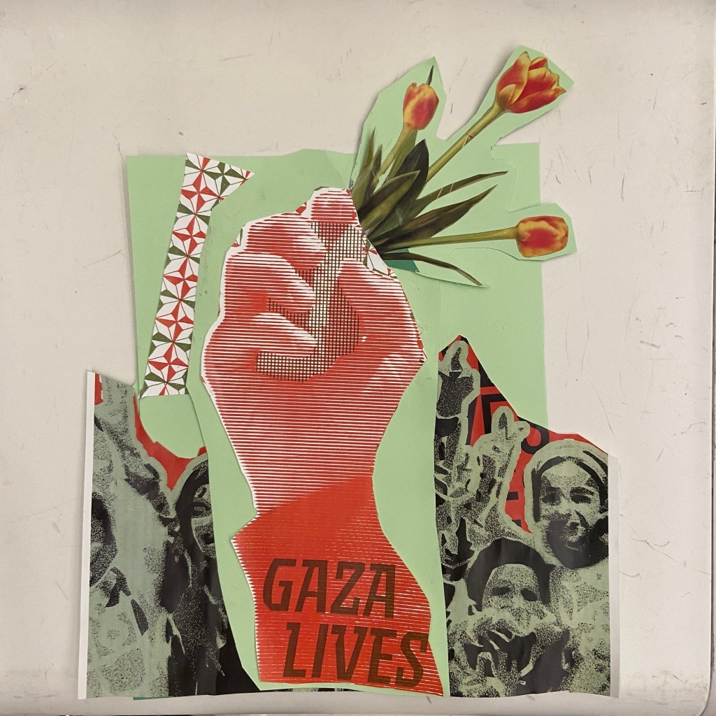 Art collage with cut paper, a balled fist holds a rock and tulips, with the faces of children behind. Palestinian national colors.